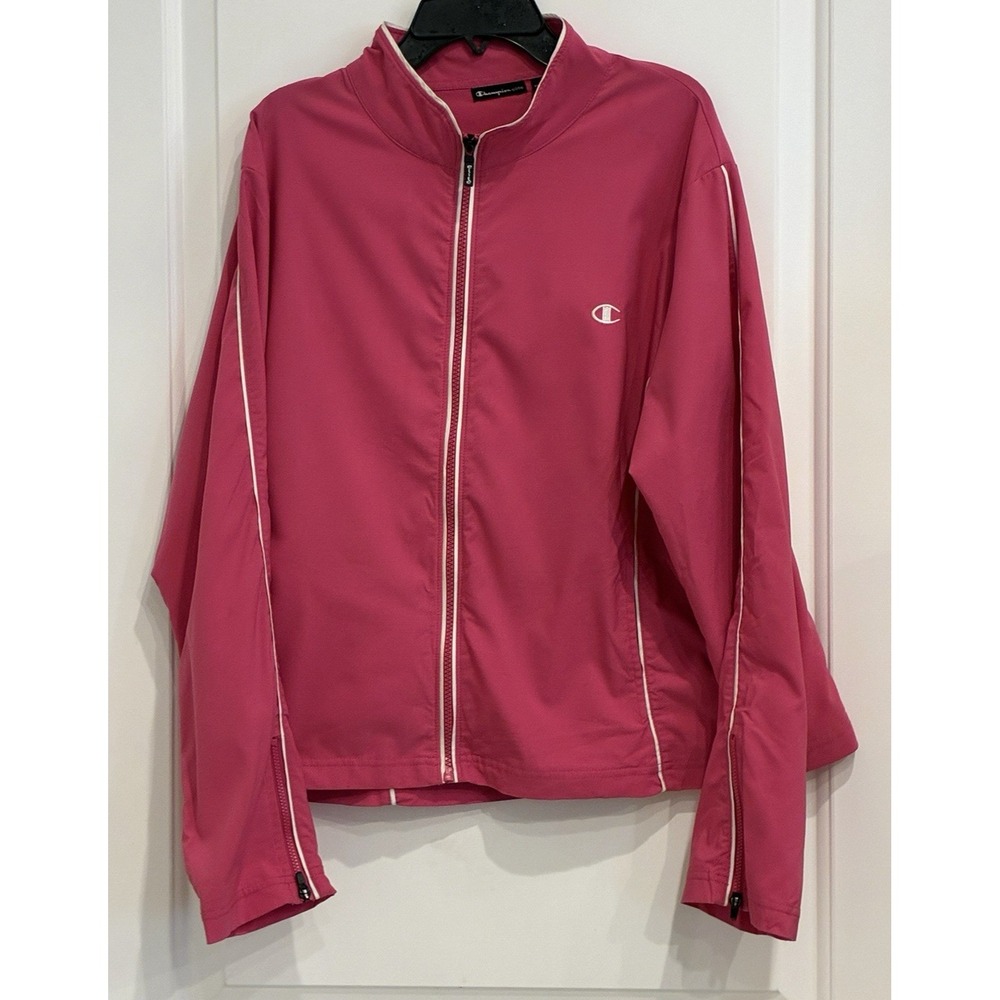 Champion Elite Women's XL Pink Windbreaker Track Jacket Full Zip Pockets Preppy